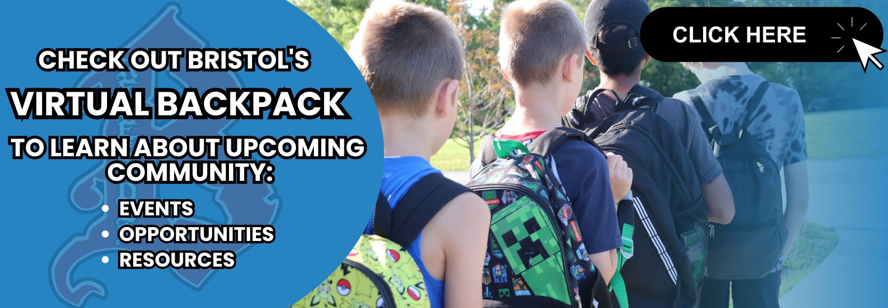 Students wearing backpacks lined up in a row.